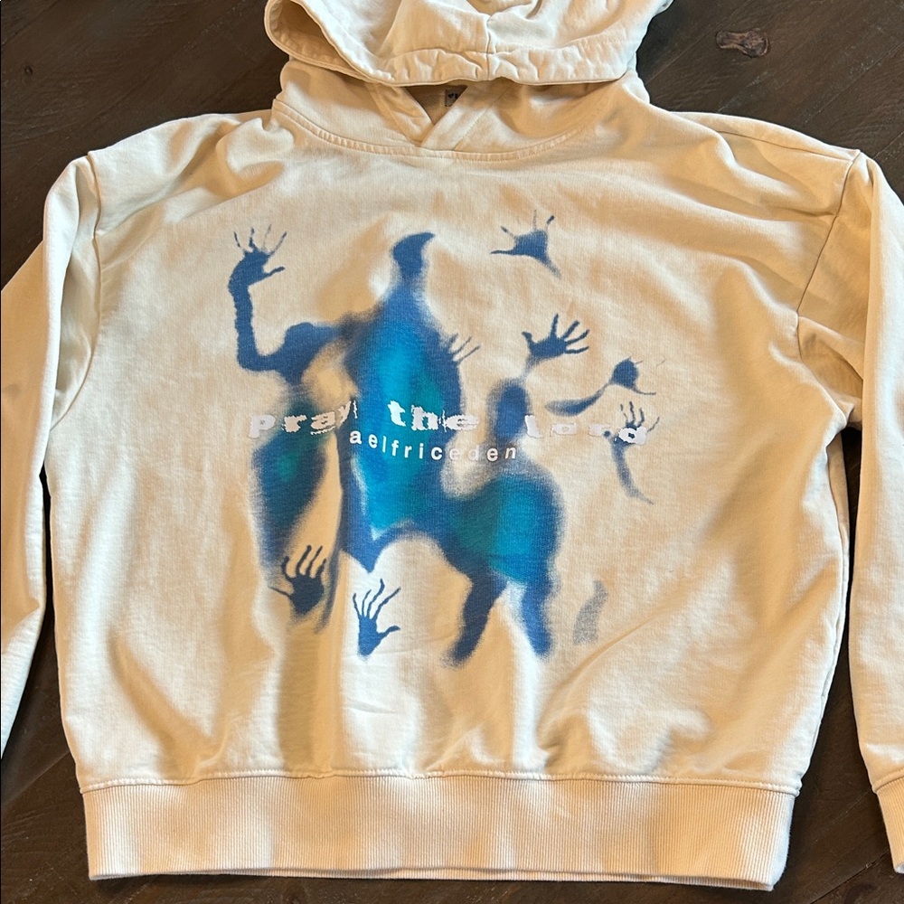 Aelfric Eden Beige Hoodie with Blue Handprint Design